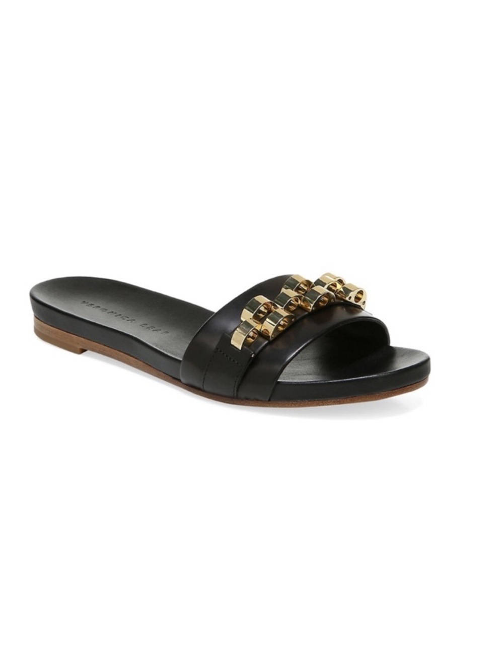Veronica Beard ENI black Chain-Trimmed Leather Slides Gold hardware size…7